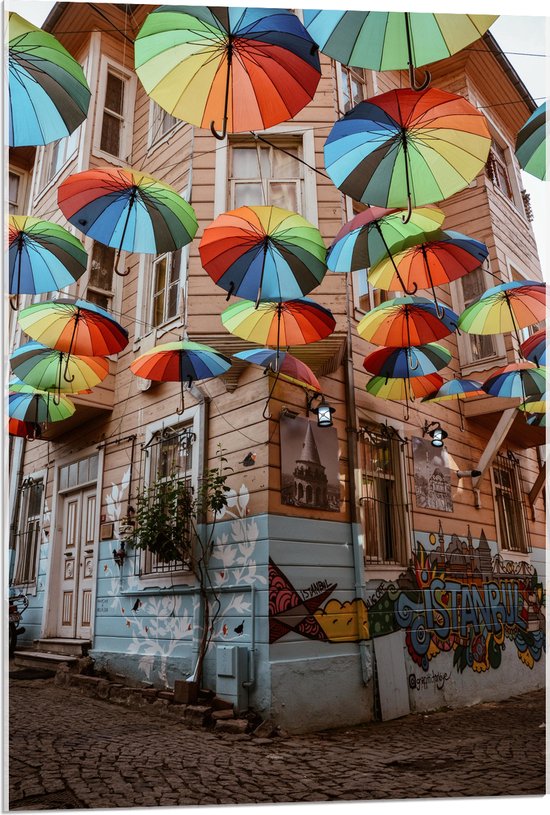 Acrylglas - Plafond van Kleurrijke Paraplu's in Dorpssystraat - 60x90 cm Foto op Acrylglas (Met Ophangsysteem)