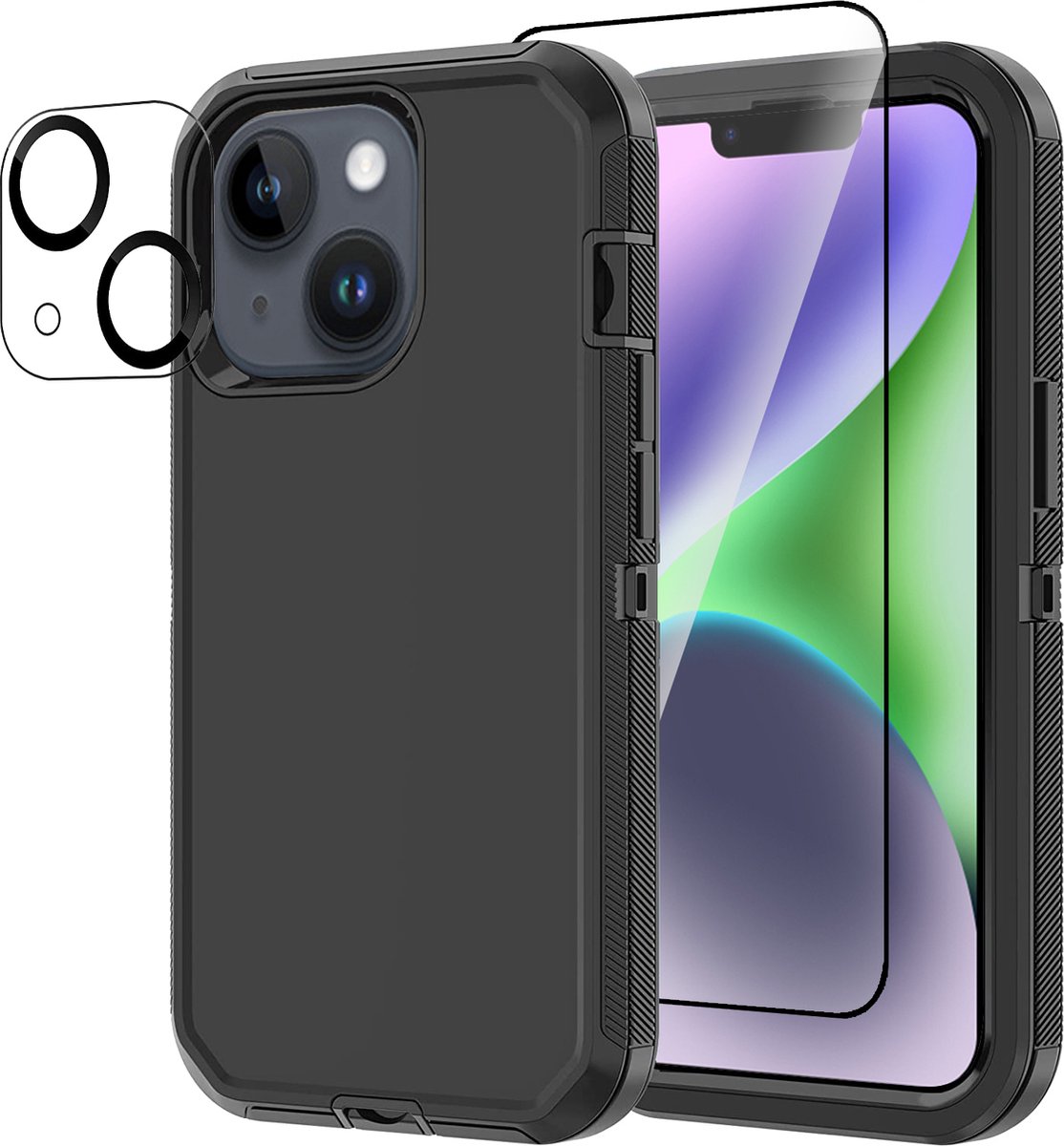 Stravo Heavy Duty iPhone 14 case met Screen Protector en Lens Protector - Zwart - Dustproof shockproof telefoonhoes cover bestaande uit 3 lagen inclusief schermbeschermer en lensbeschermer - Geschikt voor Apple iPhone 14