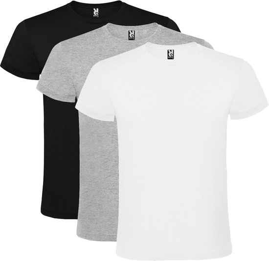 Lot de 3 T-shirts Roly Atomic Basic 100 % coton, jersey simple, 150 g/m² Col rond blanc / gris / noir Taille 3XL