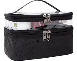 Make-uptas, dubbellaagse toilettas, draagbaar, transparant, voor op reis, make-uptas, grote make-uptas, organizer, waterdichte wastas voor mannen en vrouwen, zwart