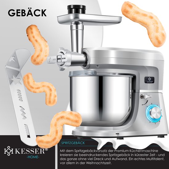 KESSER® 3 in 1 Keukenmachine Foodprocessor - Keukenmixer - Keukenrobotor K-KM 3000 met Kneder Multifunctionele Mixer 5,5 L Kom met 3 Menggereedschappen 1,5 L Sapcentrifuge Worstset Pasta & Koekjesvormen - Zilver van Merkloos — afbeelding 5