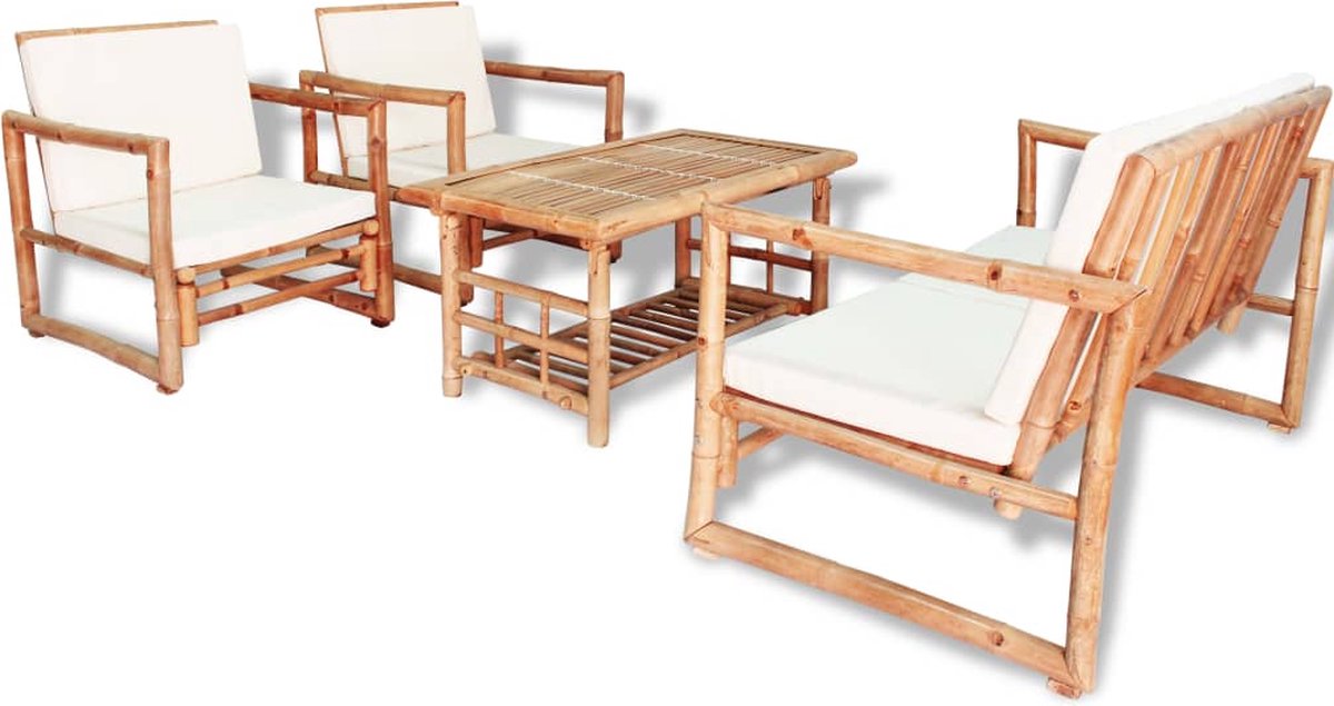 The Living Store Bamboe Tuinmeubelset - Bank, Stoelen en Salontafel - 115 x 65 x 72 cm - Comfortabele Zit- en Rugkussens