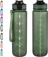 1 liter sportwaterfles met rietje en tijdmarkeringen, lekvrije Tritan-drinkfles BPA-vrij voor sportschool/fietsen/kamperen/hardlopen - rozeblauw (1L-donkergroen)