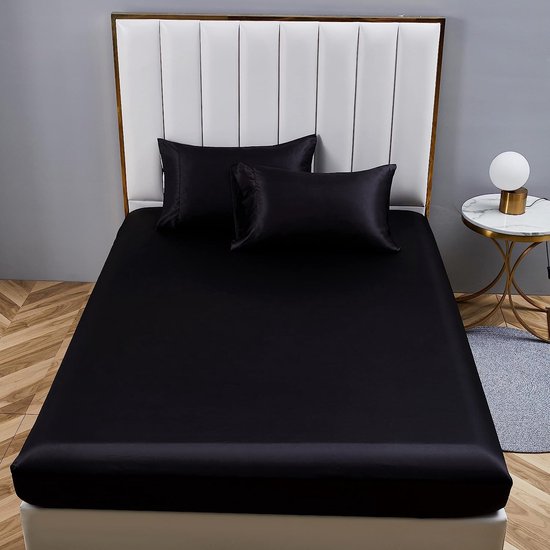 Hoeslaken 100 x 200 cm zwart satijn zijde glanzend bedlaken hoogwaardig Deluxe effen hoeslaken geschikt voor matrassen tot 30 cm