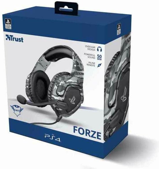 Doos van de Trust GXT 488G Forze gaming headset voor PS4, grijs camouflagepatroon.