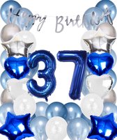 Snoes Ballonnen 37 Jaar Set Mega Blauw Zilver Ballon - Compleet Feestpakket Cijferballon 37 Jaar - Verjaardag Versiering Slinger Happy Birthday – Folieballon – Latex Ballonnen - Helium Ballonnen