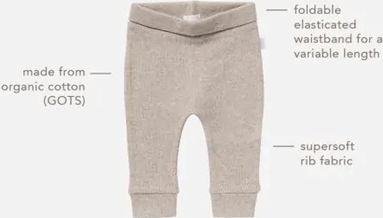 Taupe gemêleerde ribbroek met vouwbare tailleband en omslagboorden, gemaakt van zacht biologisch katoen.