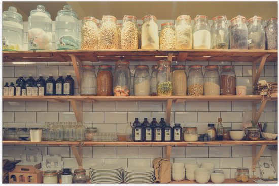 Poster (Mat) - Potten - Keuken - Borden - Bakjes - Flesjes - Kruiden - Eten - Drinken - Kleuren - Hout - 90x60 cm Foto op Posterpapier met een Matte look