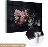 Glasschilderij bloemen - Vintage - Pastel - Zwart - Boeket - Schilderij glas - Woonkamer - 180x120 cm - Decoratie bloemen - Kamer decoratie - Wanddecoratie