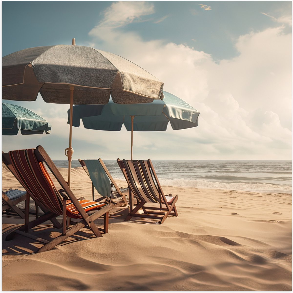 Poster (Mat) - Strandstoelen en Parasols op het Strand op Bewolkte Dag - 100x100 cm Foto o