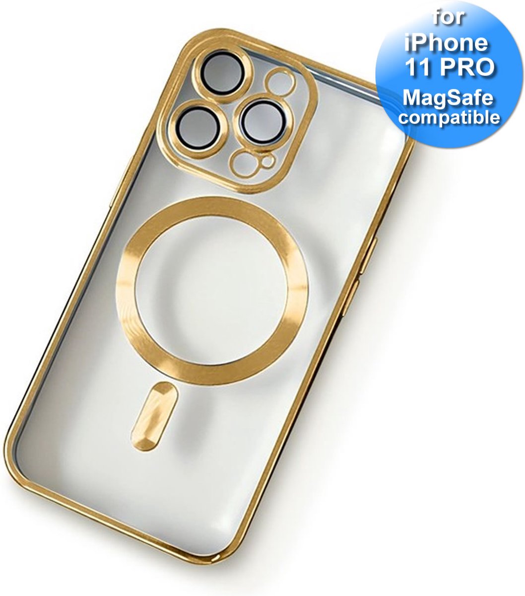 Hoesje geschikt voor iPhone 11 Pro - Met magneetring geschikt voor MagSafe oplader - extra Lens bescherming - Transparant - Goud