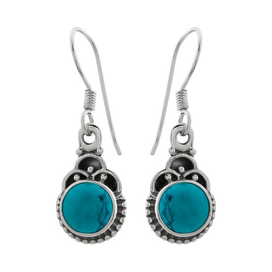 Zilveren oorbellen met hanger dames | Zilveren oorhangers, ronde turqoise steen met bewerkte rand en details