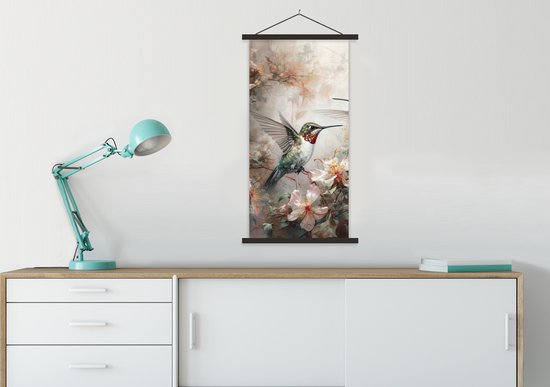Porte-affiche avec affiche - Affiche scolaire - Colibri - Vogels - Fleurs - Plantes - 60x120 cm - Lattes noires