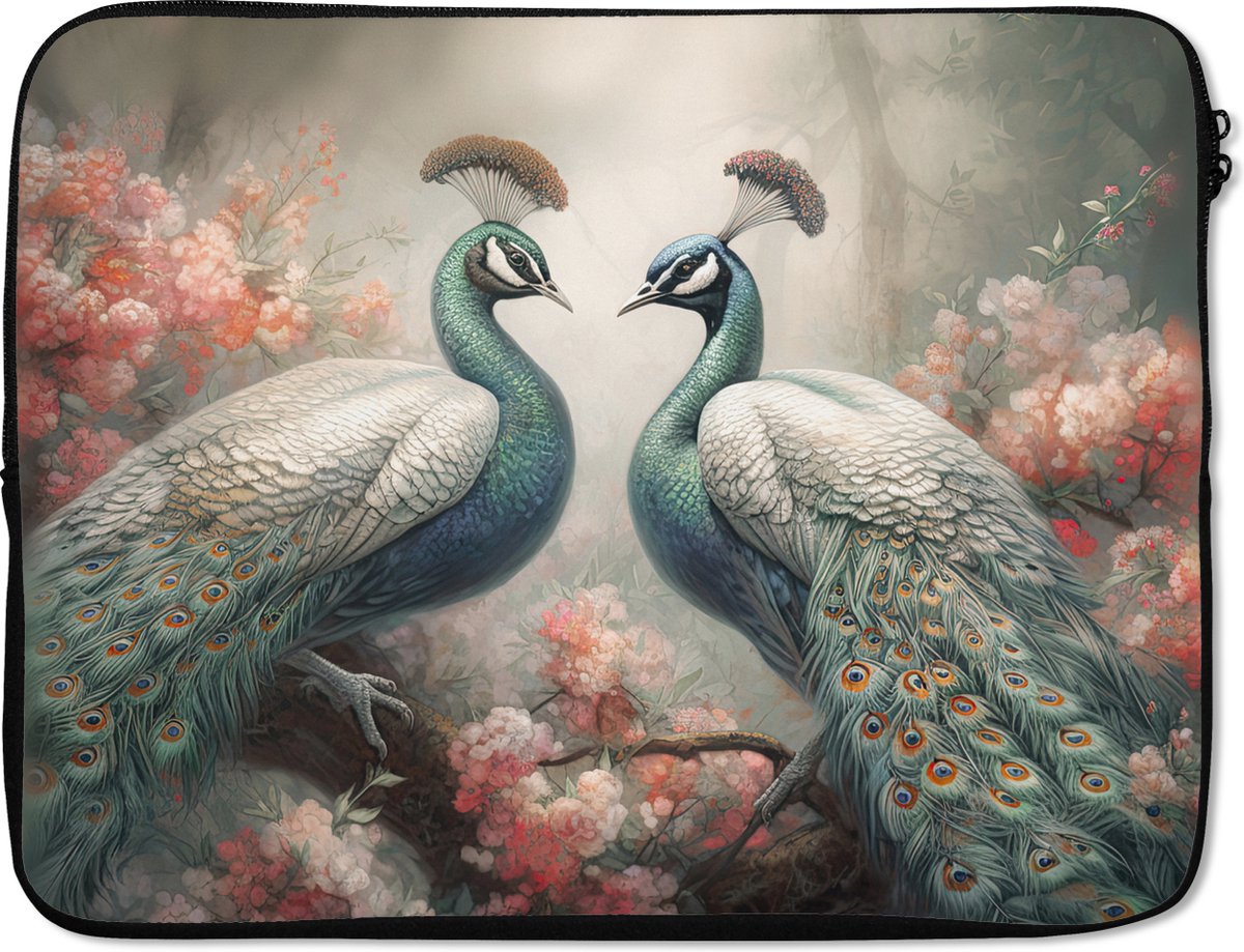 Laptophoes 17 inch - Pauwen - Pauwenveren - Vogels - Bloemen - Natuur - Laptop sleeve - Binnenmaat 41x28 cm - Zwarte achterkant