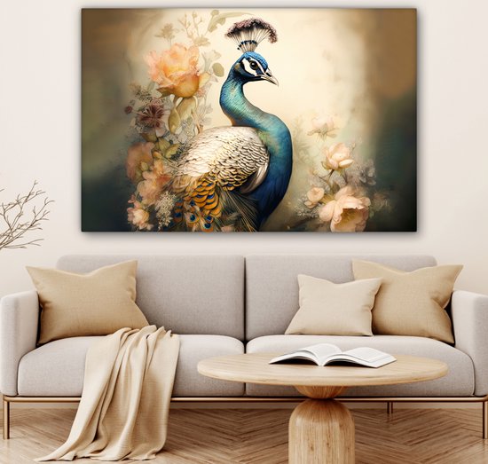 Tableau sur toile Paon - Plumes de paon - Fleurs - Vogels - Botanique - 120x80 cm - Décoration murale