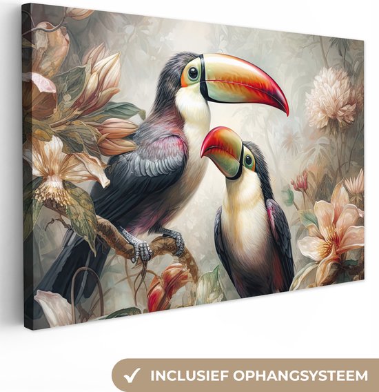 Canvas Schilderij Toekan - Vogels - Bloemen - Jungle - 90x60 cm - Wanddecoratie