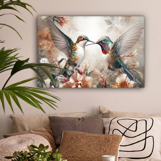 Tableau sur toile Colibri - Vogels - Fleurs - Nature - 90x60 cm - Décoration murale