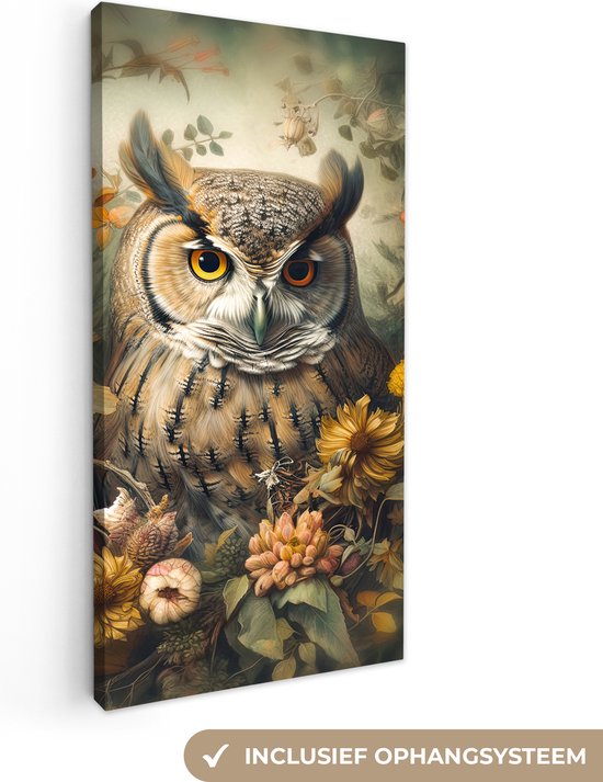 Canvas Schilderij Uil - Vogels - Bloemen - Natuur - 40x80 cm - Wanddecoratie