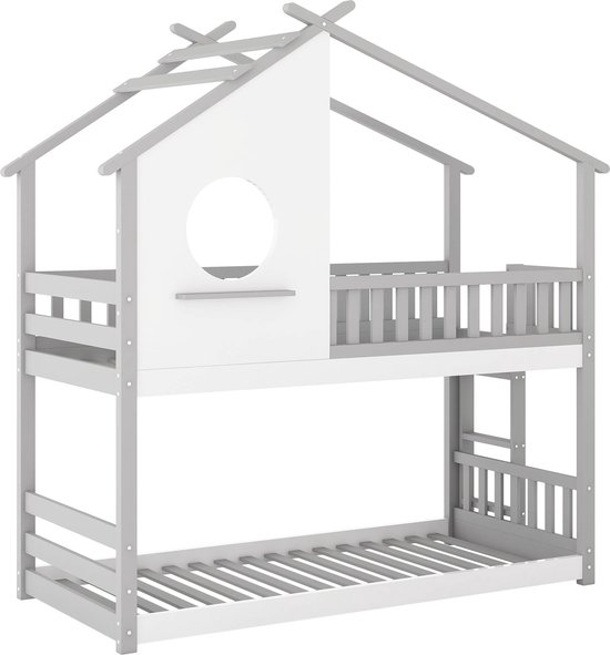 Merax Stapelbed - Bed met Ladder - Kinder Huisbed met Valbeveiliging - Grijs en Wit