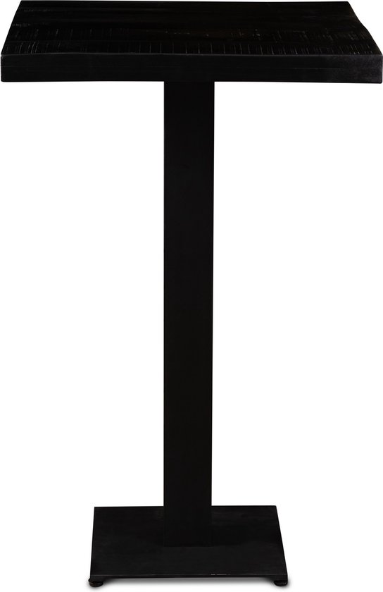 Parel statafel met mango houten tafelblad zwart afgewerkt met vierkant blad van 70 x 70 cm en zwarte vierkante poot met grondplaat.