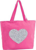 Zilveren hart glitter shopper tas - fuchsia roze - 47 x 34 x 12,5 cm - boodschappentas / strandtas