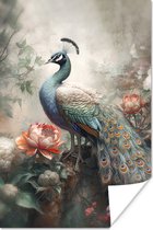 Poster Pauw - Pauwenveren - Vogel - Jungle - Bloemen - 60x90 cm