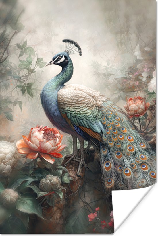 Poster Pauw - Pauwenveren - Vogel - Jungle - Bloemen