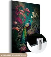 MuchoWow® Glasschilderij 90x120 cm - Schilderij acrylglas - Pauw - Veren - Bloemen - Planten - Vogel - Foto op glas - Schilderijen