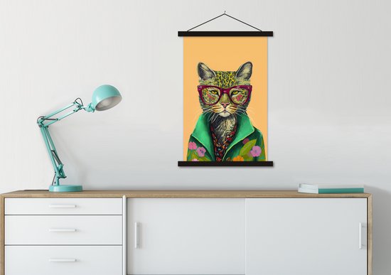 Posterhanger incl. Poster 60x90 cm - Schoolplaat - Dieren - Kat - Bril - Bloemen - Hippie - Textielposter - Zwarte latten