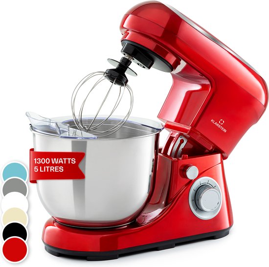 Klarstein Keukenmachine Bella Pico 2G - 1300W,7PS - 6 Vermogensstanden - 5 L - RVS Kom - Planetair Mixsysteem - Stijvol Roeren, Kneden of Kloppen - Krachtig En Compact - Aluminium Gegoten Kneedhaak - Meerdere Kleuren Beschikbaar - Rood