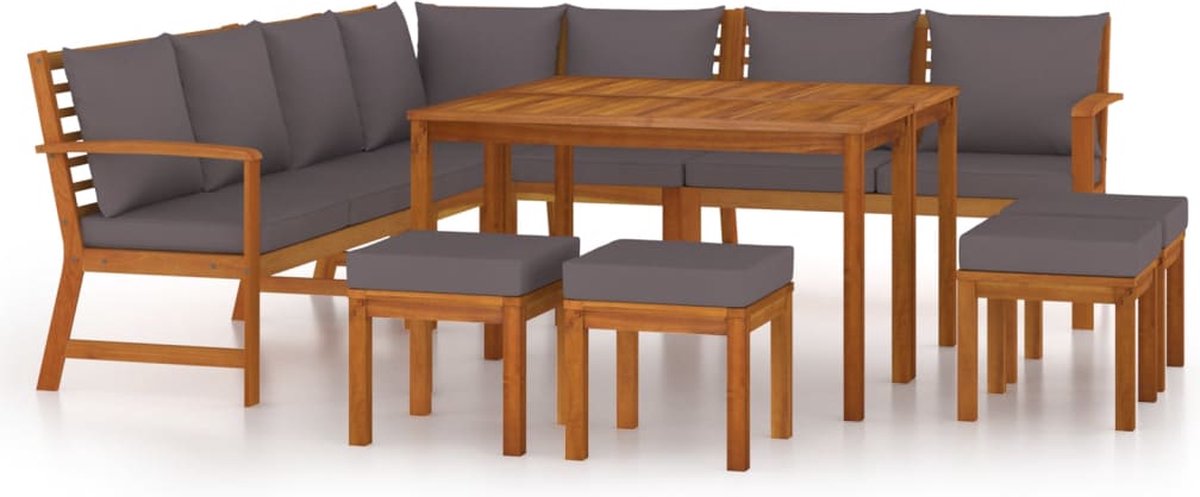 vidaXL 11-delige - Tuinset - met - kussens - massief - acaciahout donkergrijs