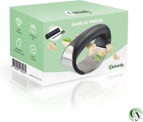 Cuisinly® - Presse-ail en acier inoxydable - presse-gingembre - couper l'ail - éplucher l'ail - couper le gingembre - ustensile de cuisine - gadget de cuisine - avec éplucheur d'ail et brosse de nettoyage offerts