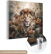MuchoWow® Glasschilderij 90x90 cm - Schilderij acrylglas - Leeuw - Wilde dieren - Planten - Natuur - Bloemen - Foto op glas - Schilderijen