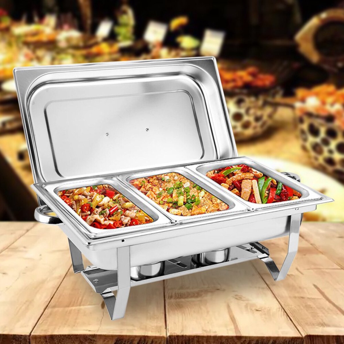 Roestvrijstalen Chafing Dish 3 x 3 l voedselverwarmer, warmtecontainer, Bain Marie Rechaud, warmhoudcontainer, opvouwbare standaard met pannenhaken, voor buffet, catering, partyset