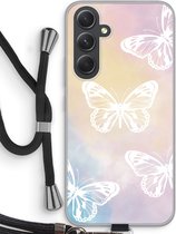 Case Company® - Hoesje met koord geschikt voor Samsung Galaxy A54 hoesje met Koord - White butterfly - Telefoonhoesje met Zwart Koord - Bescherming aan alle Kanten en Over de Schermrand