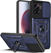 Hoesje met Camera Slider Geschikt voor de Motorola Edge 30 Ultra - Back Cover met Standaard - Uitklapbare Kickstand Ring - Beschermhoes TPU - Magneet voor Auto Houder Blauw