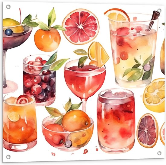 Tuinposter – Geketende Cocktails met Fruitstukken - 80x80 cm Foto op Tuinposter (wanddecoratie voor buiten en binnen)