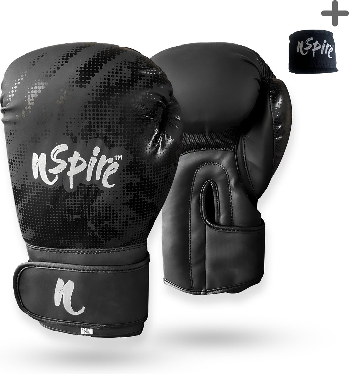 Nspire Sports : (kick) bokshandschoen - plus gratis bandage - zwart 14 oz