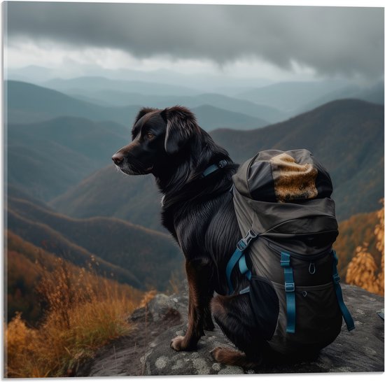 Acrylglas - Reizende Hond met Backpack op Top van de Berg - 50x50 cm Foto op Acrylglas (Met Ophangsysteem)