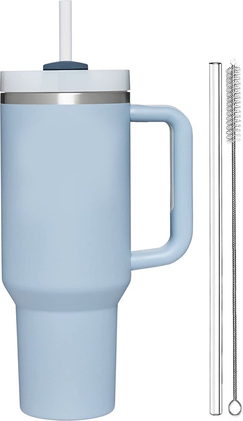 Foto: Drinkfles 1 2l met handvat en rietje waterfles drinkbeker volwassenen tumbler thermosbeker travel mug koffie to go koffiebeker geschikt voor in de auto camping fitness thermoskan bidon moederdag cadeautje