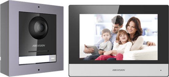 Kit interphone vidéo IP complet Hikvision DS-KIS602 avec DS-KD8003-IME1, DS-KH6320-WTE1 en saillie, commutateur PoE et carte SD