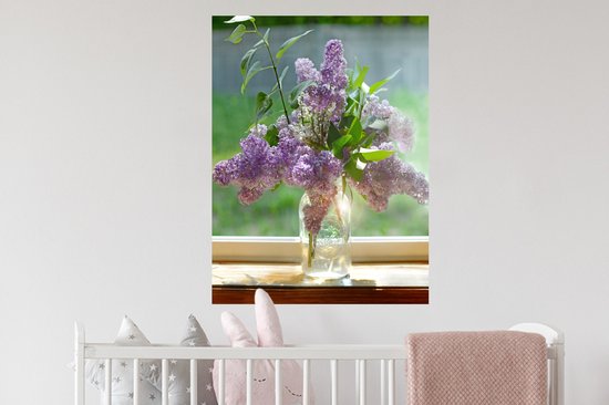 Sticker Muursticker Lilas - Vase en Verres avec lilas - 60x80 cm - film adhésif autocollant - sticker mural repositionnable