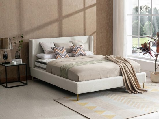 Bed 140 x 190 cm - Stof met bouclé-effect - Ecru + matras - UPILIA L 153 cm x H 101 cm x D 210 cm