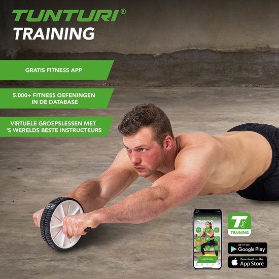 Man met buikspierwiel in actie voor Tunturi Training app. Gratis fitness app met 5.000 oefeningen.