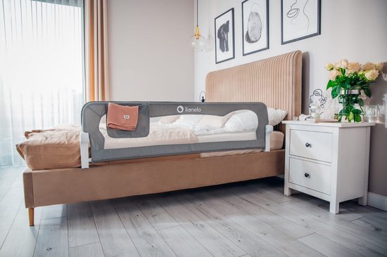 Lionelo Eva Barrière de Lit – Barrière de Sécurité jusqu’à 27 kg – Pliable à 180° – Largeur 150 cm – Cadre en Aluminium Durable – SecureBelt & Verrou StandSafe – Pour Enfants 18 mois à 5 ans