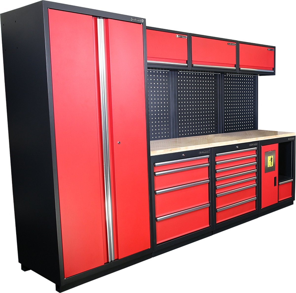 Kraftmeister werkplaatsinrichting - Werkbank met 3 wandkasten, 1 werkplaatskast, 1 prullenbak en eiken werkblad - Werktafel met 11 laden en gereedschapswand - Complete set voor werkplaats of garage - Rood