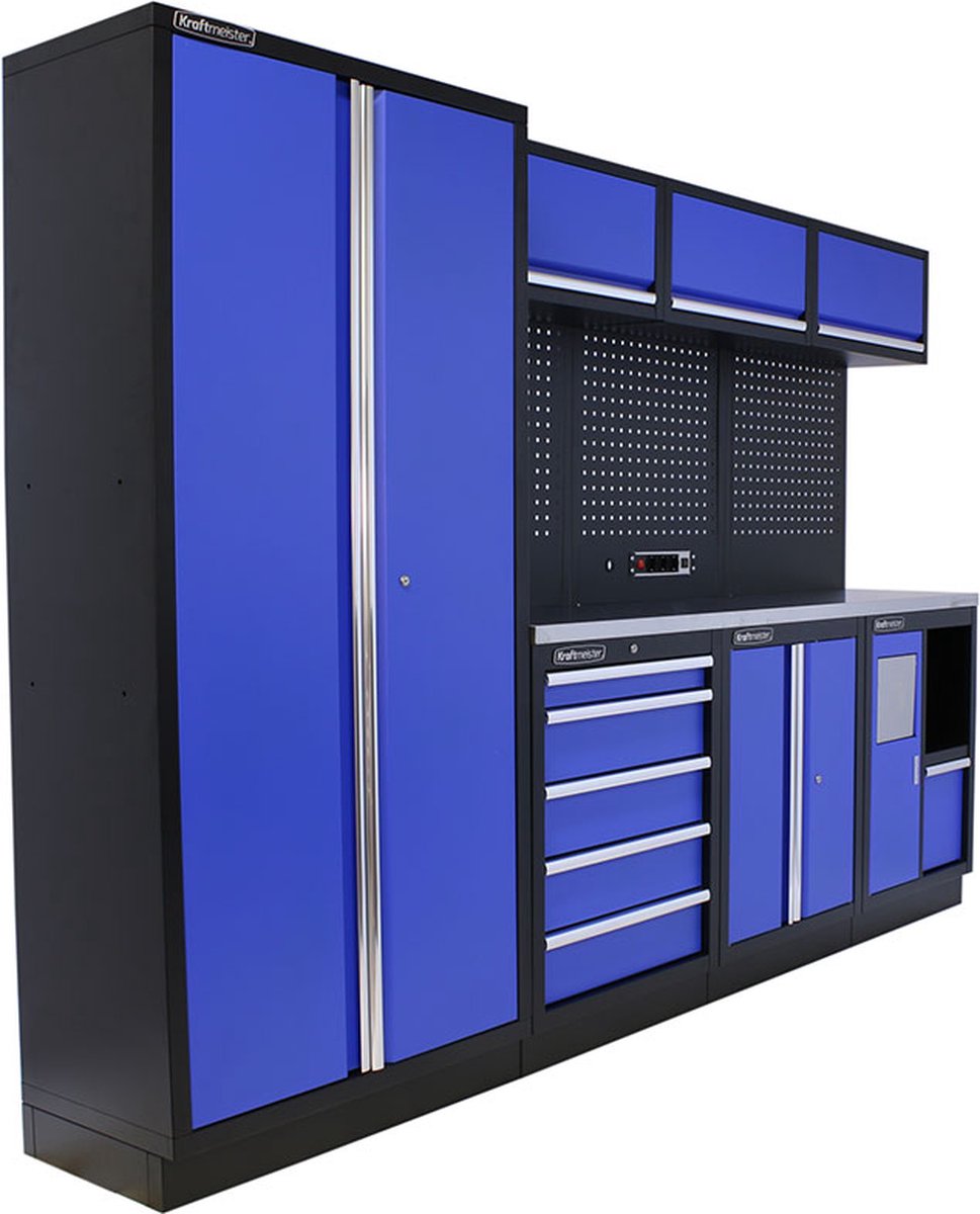 Kraftmeister werkplaatsinrichting - Werkbank met 3 wandkasten, 1 werkplaatskast en RVS werkblad - Werktafel met 5 laden, 1 opbergkast, 1 prullenbak en gereedschapswand - Complete set voor werkplaats of garage - Blauw