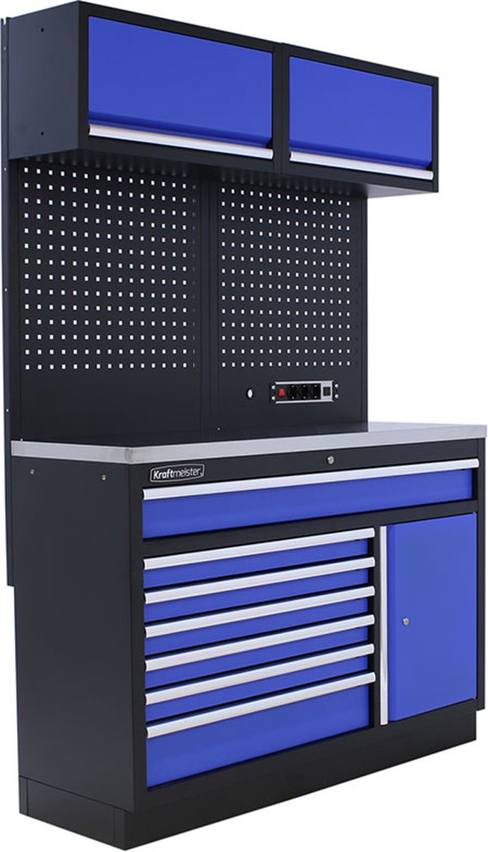 Kraftmeister werkplaatsinrichting - Werkbank met 2 wandkasten en RVS werkblad - Werktafel met 7 laden, 1 opbergkast en gereedschapswand - Complete set voor werkplaats of garage - Blauw