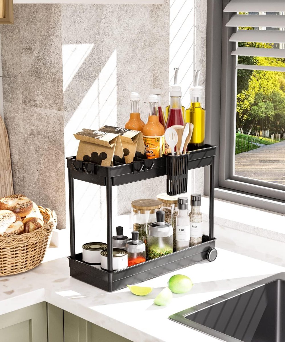 2 Etages Onder De Wastafel, Keukenorganizer Met 4 Beweegbare Haken En 2 Kopjes Multifunctioneel Kruidenrek Spoelkast Organizer Schoonmaakmiddelorganizer Voor Badkamer