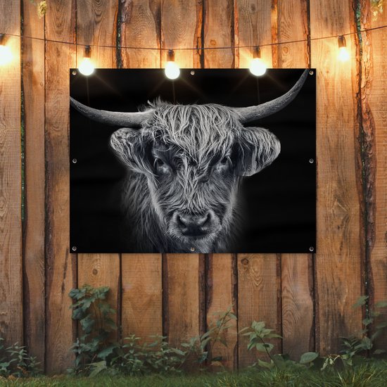 Affiche de jardin Highlander écossais - Zwart - Vache - Animaux - 130x90 cm - Décoration murale extérieure - Affiche de jardin - Toile de jardin - Affiche de clôture - Peinture de jardin